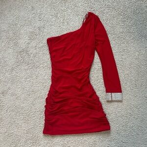 Red HOCO dress w bedazzled sleeve